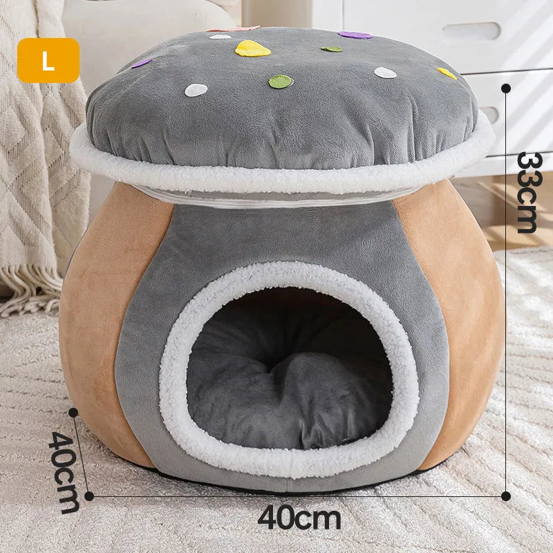 Mushroom-shaped plush cat nest with detachable rabbit blanket in grey pink purple colours