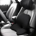 Car lumbar support cushion with memory foam, shown in beige and black, featuring a one-piece design.
