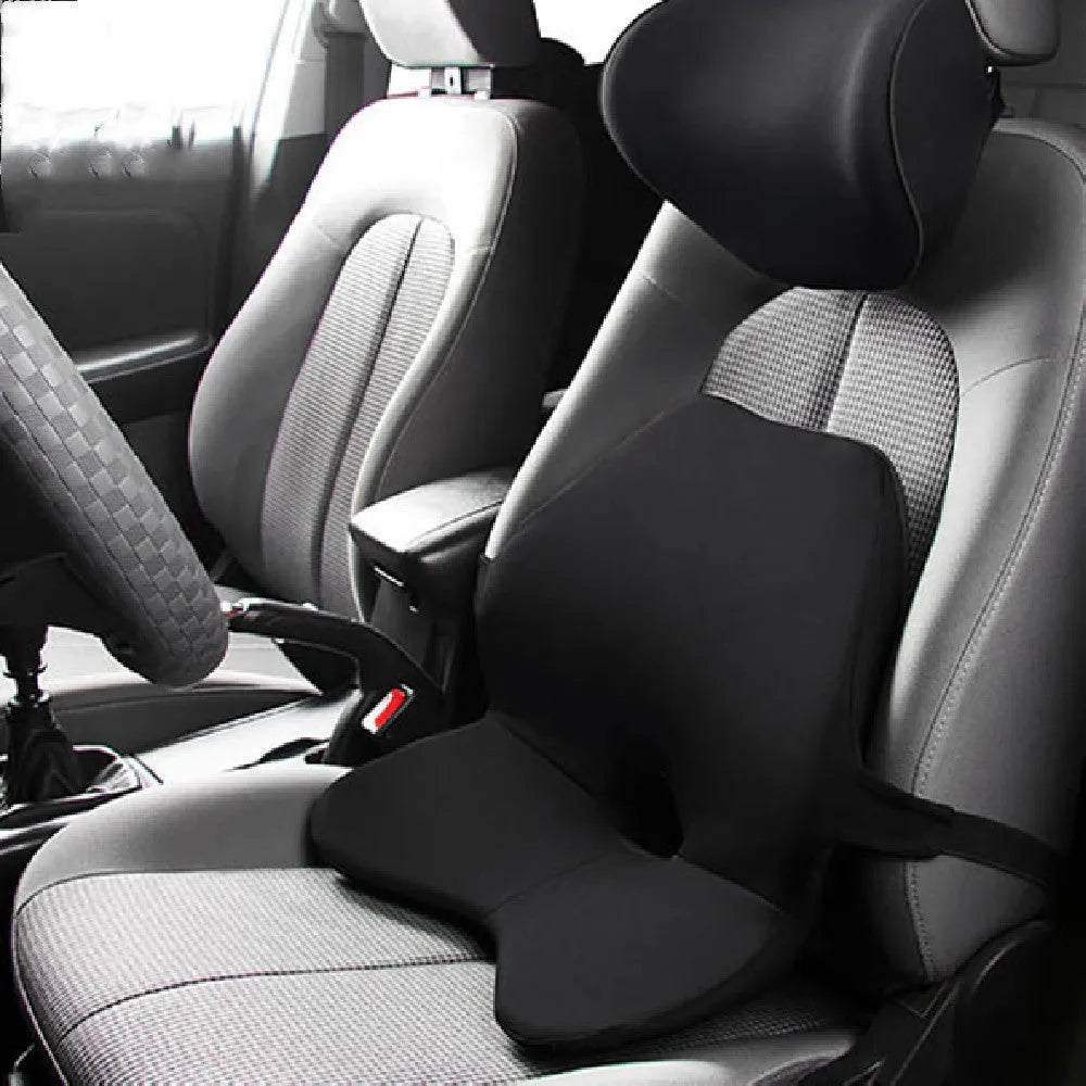 Car lumbar support cushion with memory foam, shown in beige and black, featuring a one-piece design.
