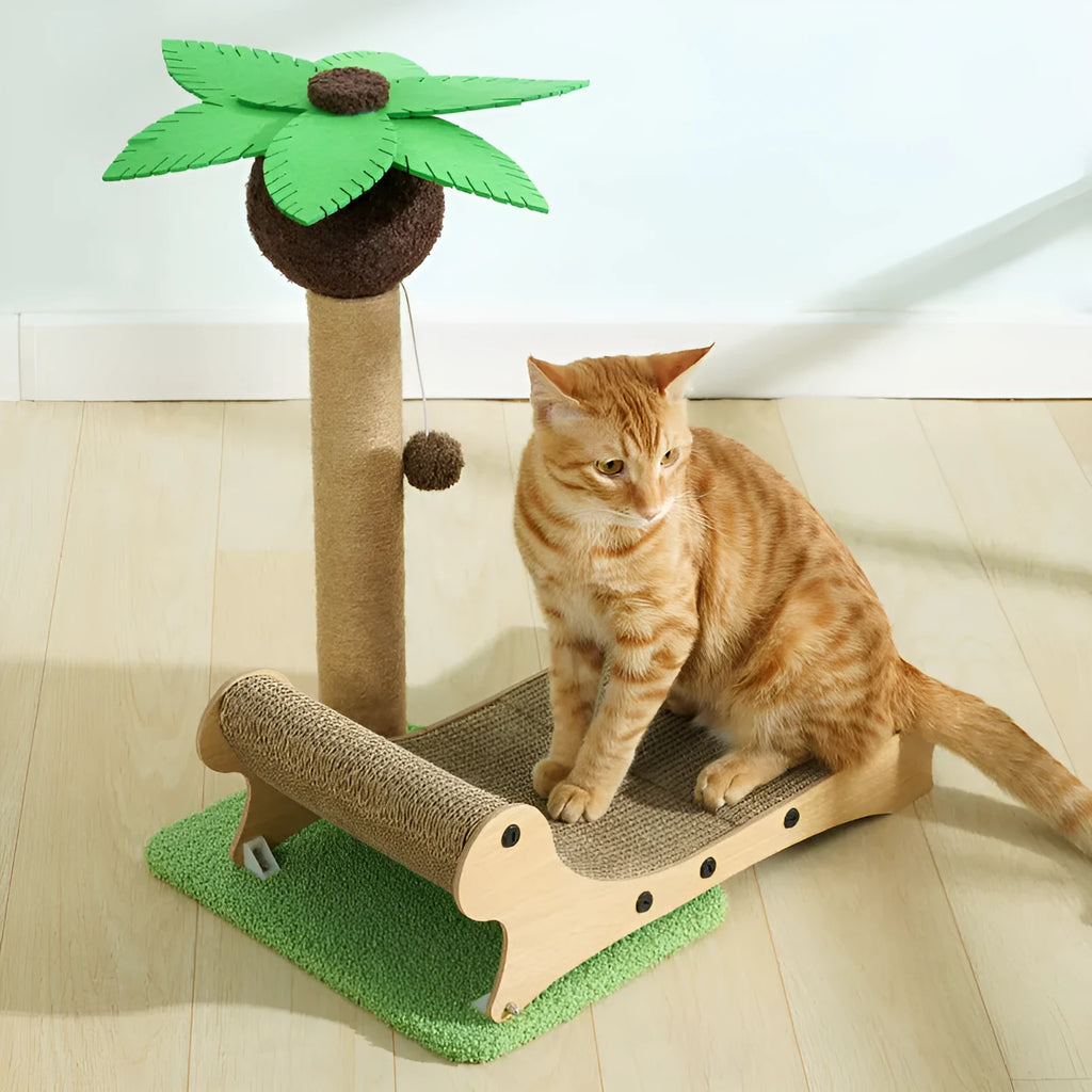 Wooden beach chair shaped cat climbing frame with integrated hemp mat scratching surface