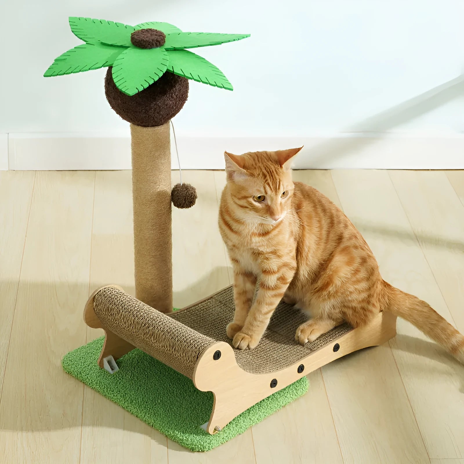 Wooden beach chair shaped cat climbing frame with integrated hemp mat scratching surface