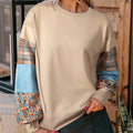 Women's plaid stitching long-sleeved loose top in apricot or red colours