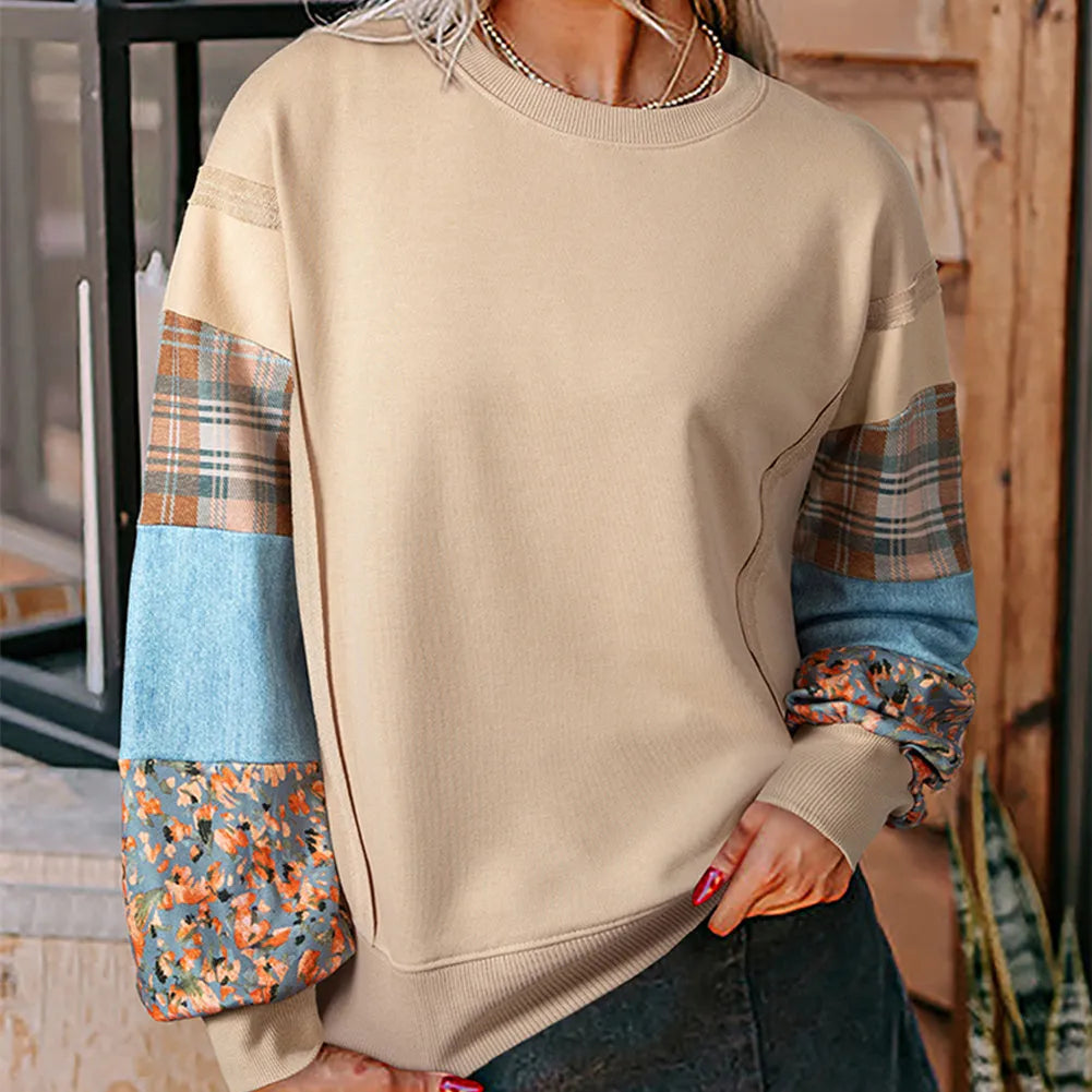Women's plaid stitching long-sleeved loose top in apricot or red colours