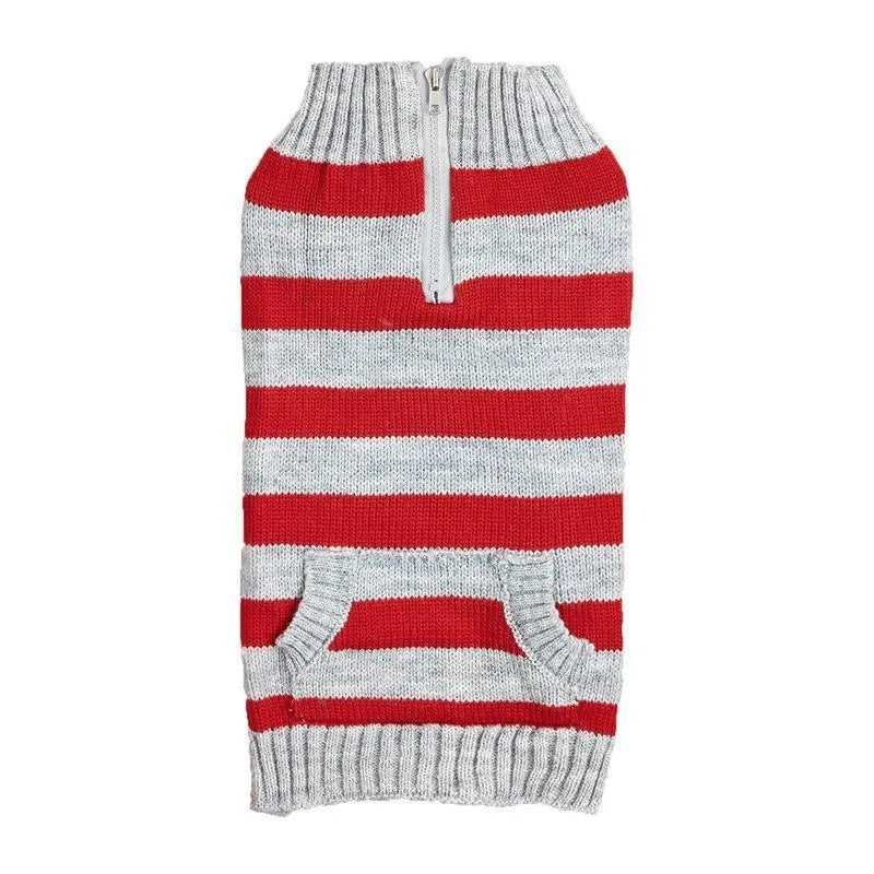Grey dog sweater with blue horizontal zipper and button pockets on small dog