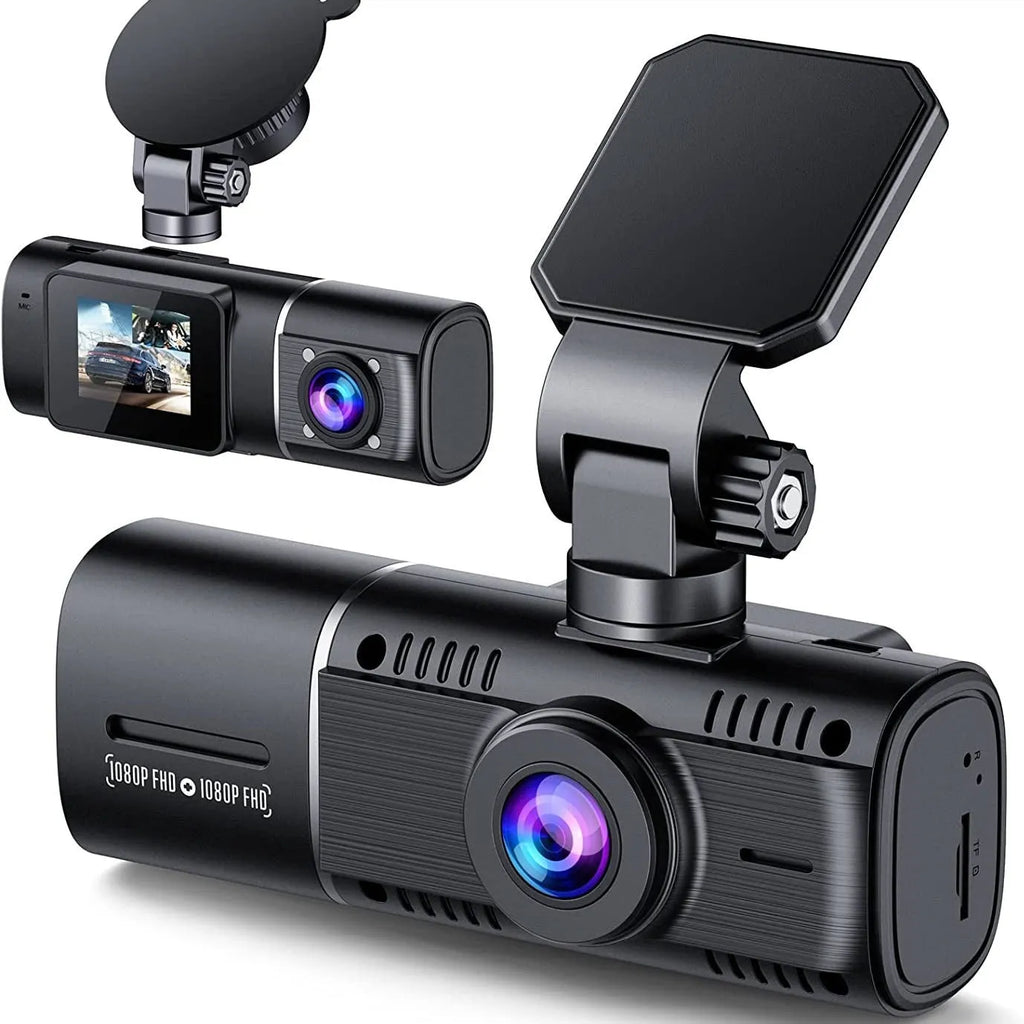 Standard black 1080p car dash cam with a 1.5-inch screen, shown with car charger and windscreen mount.