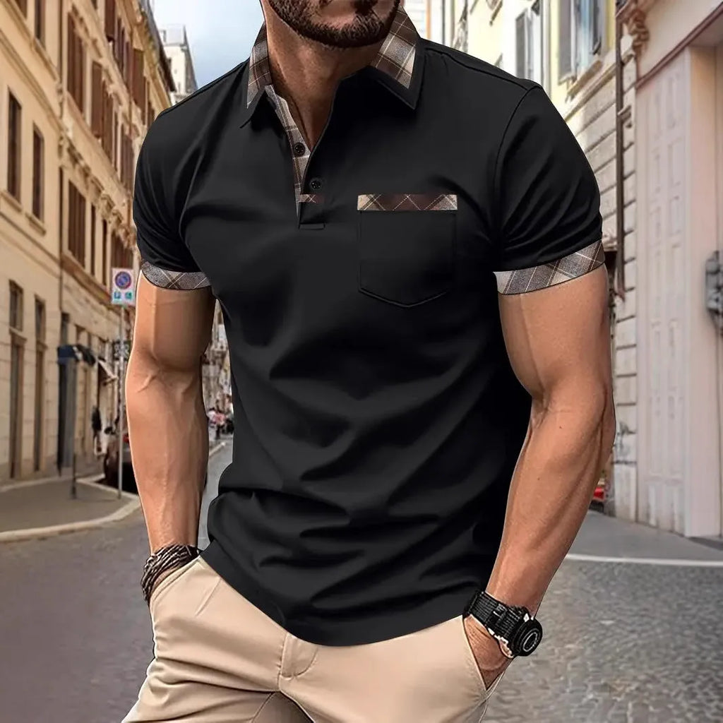 Men's short sleeve plaid colourblock t-shirt with a decorative zipper on the front.