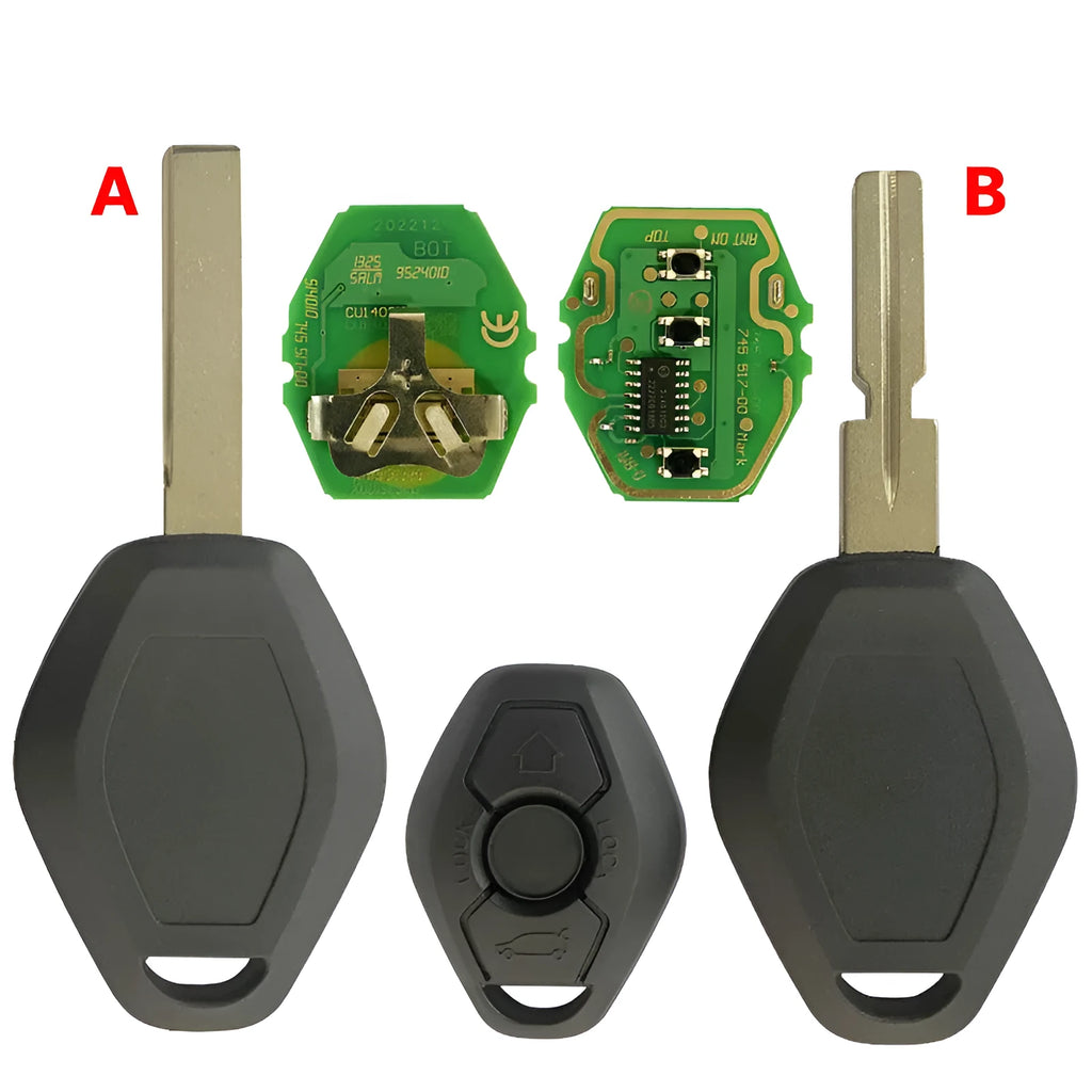 BMW EWS 3 button remote car key replacement blank with ID44 chip and HU58 blade.
