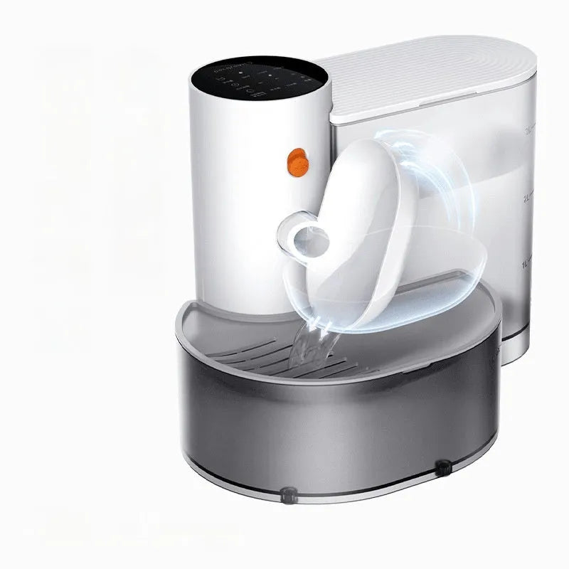 White rechargeable automatic water fountain for cats with 3 litre capacity and stainless steel bowl option
