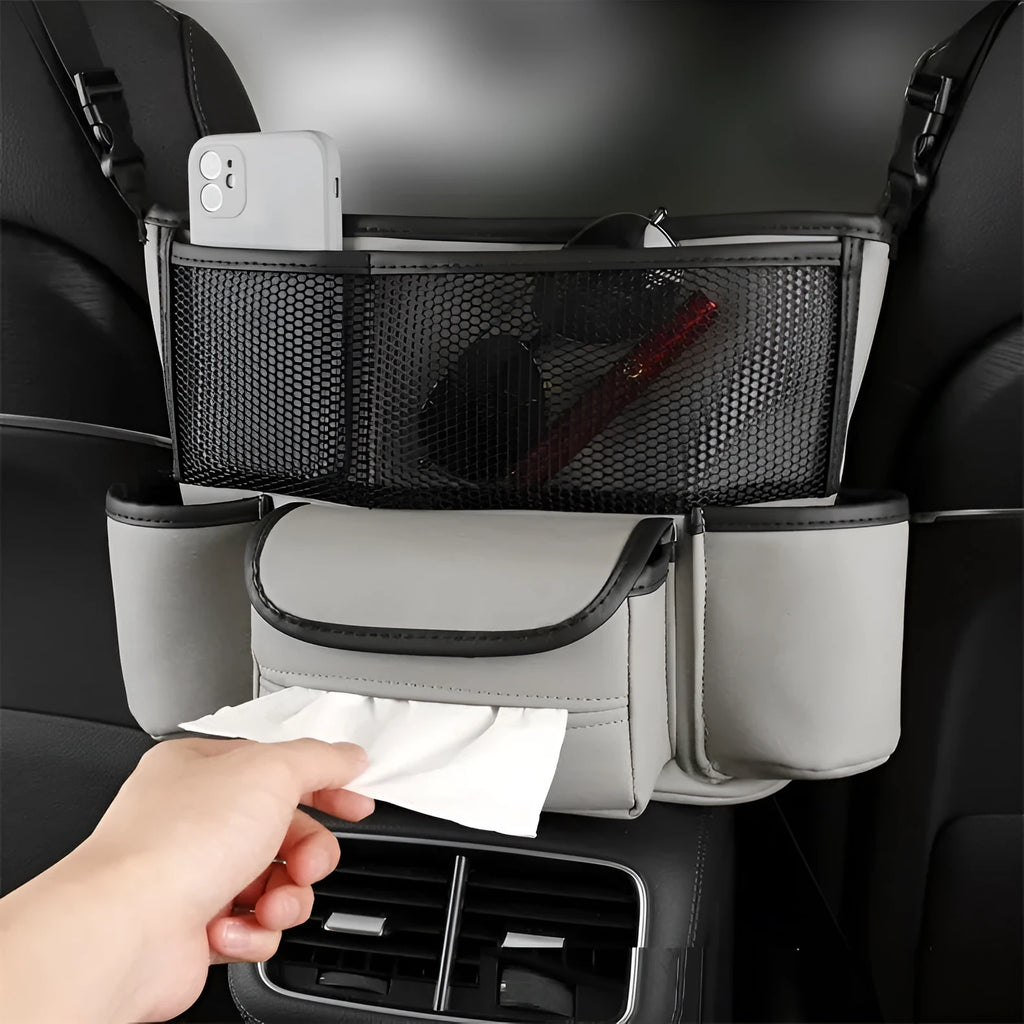 Multi function car centre console armrest storage bag in leather, 36x26x18 cm, black colour, installed between seats