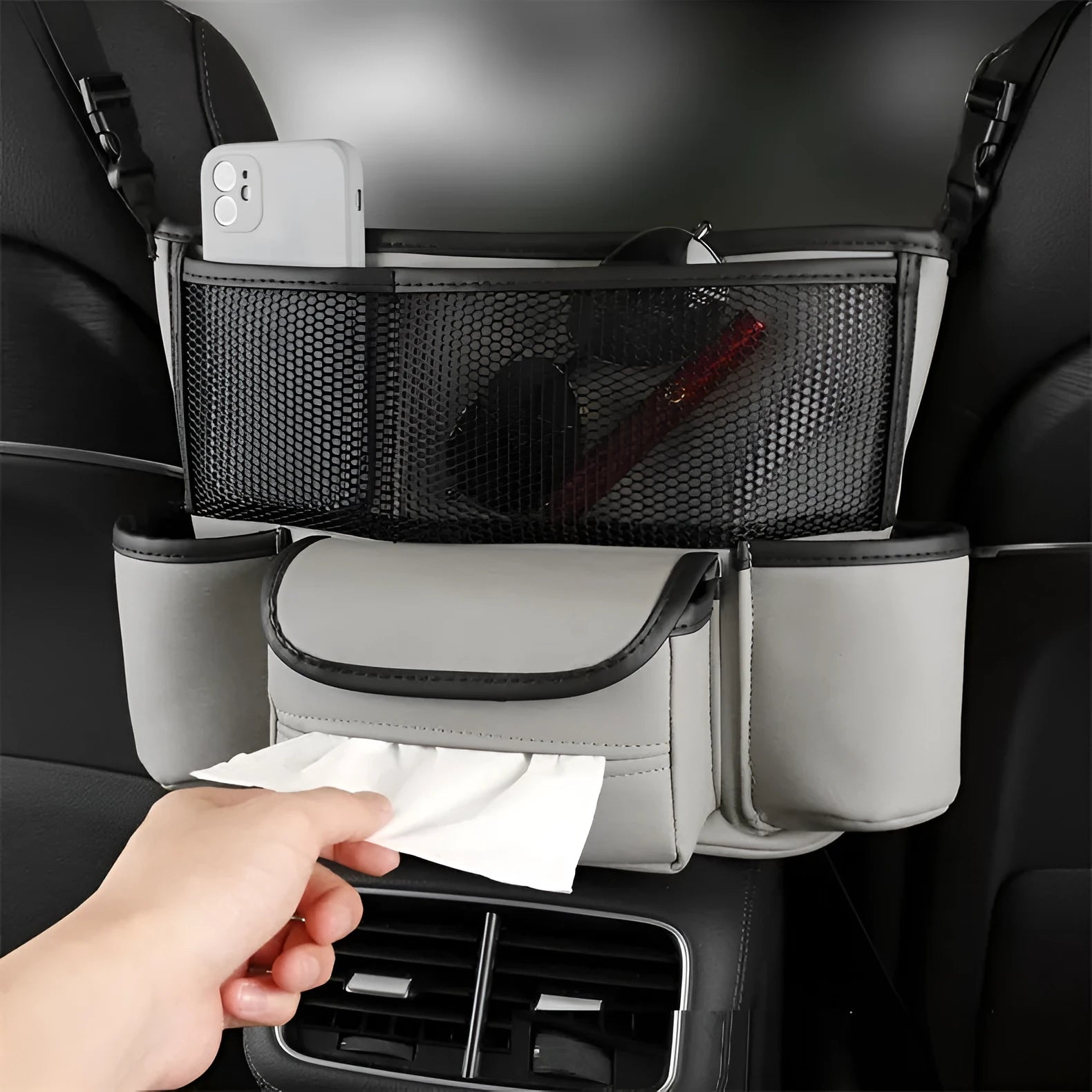 Multi function car centre console armrest storage bag in leather, 36x26x18 cm, black colour, installed between seats