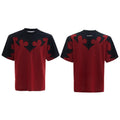 Men's grey cotton t-shirt with burnt flower embroidery and rhinestone details on the front.