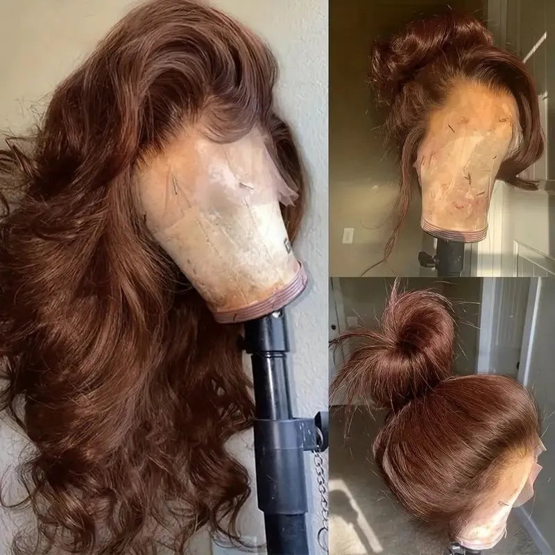 Front lace wig with long curly dark brown hair and side bangs in exotic European style