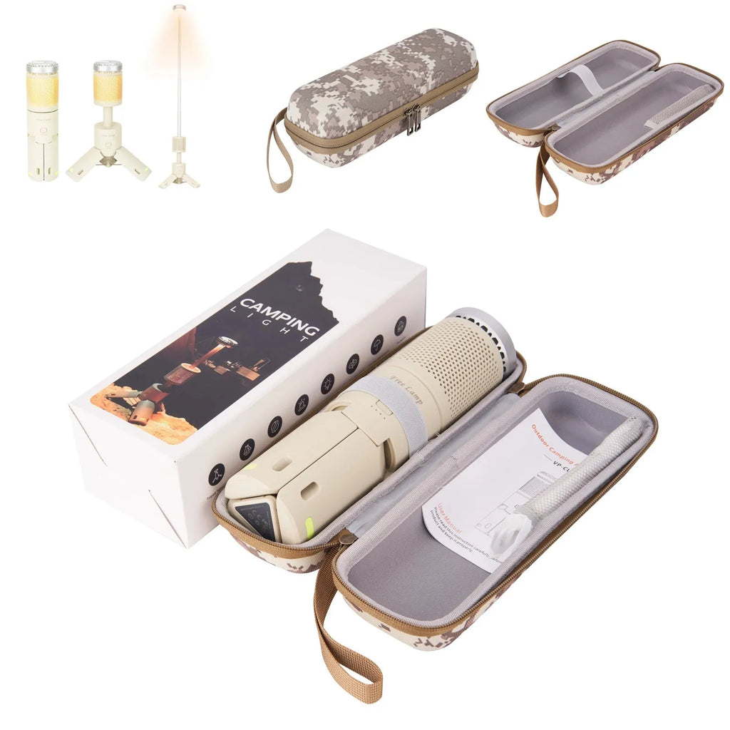 Portable LED camping light in creamy white and dark grey colours with button switch