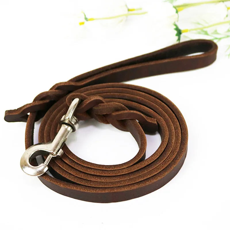 Cow leather dog walking rope in light brown or black colour for medium large breed dogs
