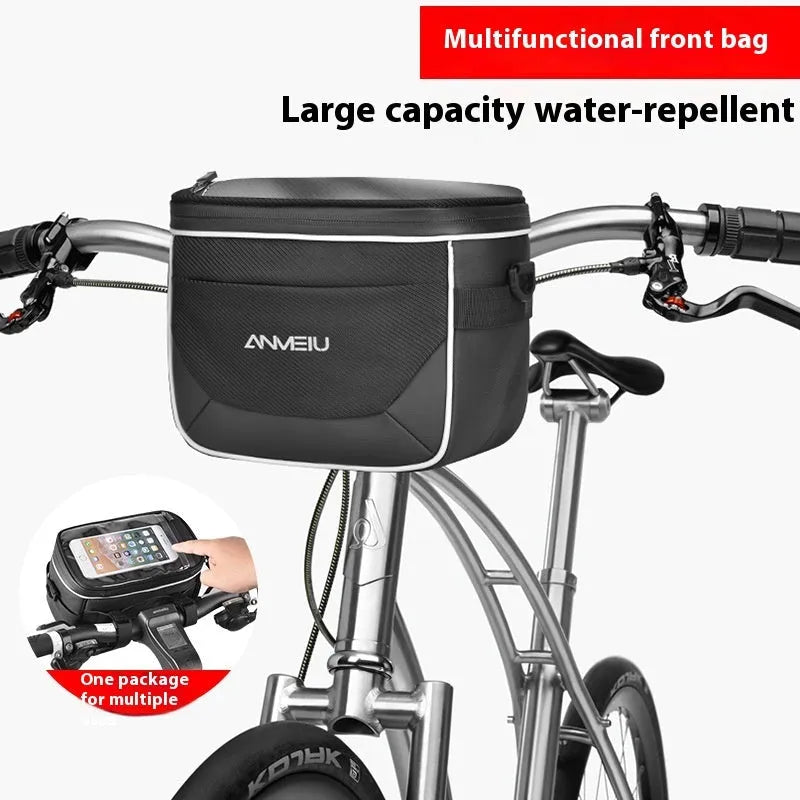 Black 7 inch polyester bicycle bag with hanging straps for handlebar mounting