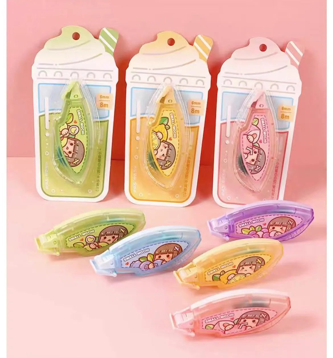 Dotting glue in fruit juice colours including peach, lemon, blueberry, butter, and grape on card packaging