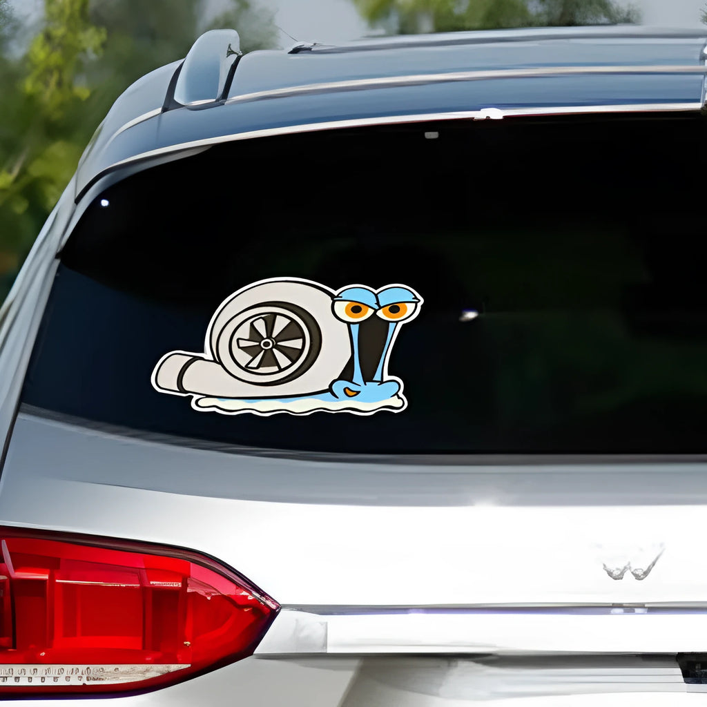 White cartoon snail reflective car sticker for bumper measuring 12cm by 8cm