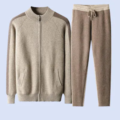 Men's navy blue cashmere wool blend half turtleneck zip cardigan and trousers suit set