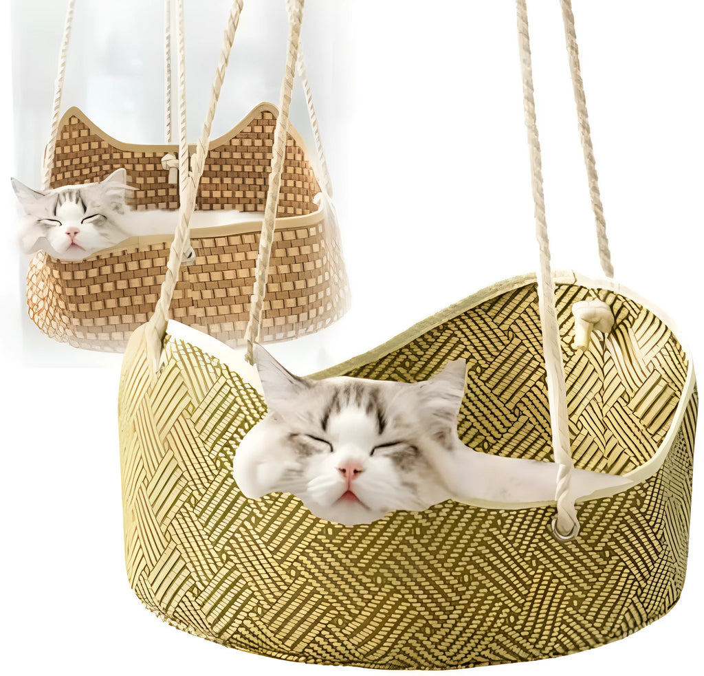 Green rattan cat hammock with metal hooks, shown hanging, suitable for small pets.