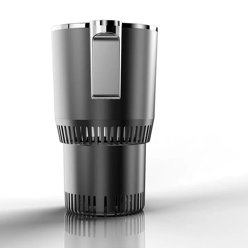 Black 2-in-1 car cup holder with digital temperature display for heating and cooling drinks