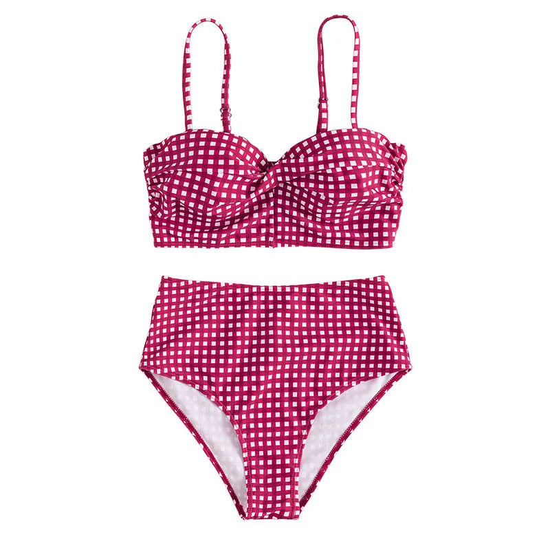 Women's high waist bikini swimsuit with plaid briefs in rose red, black, blue, or sky blue