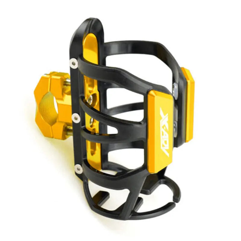 A black water bottle cage designed for mounting on a Honda X-ADV scooter bumper.