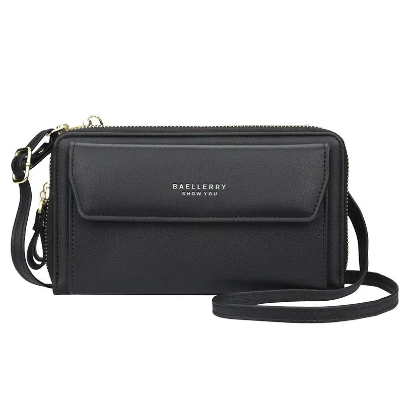 Soft PU leather ladies long wallet with double zipper and diagonal strap in colour selection