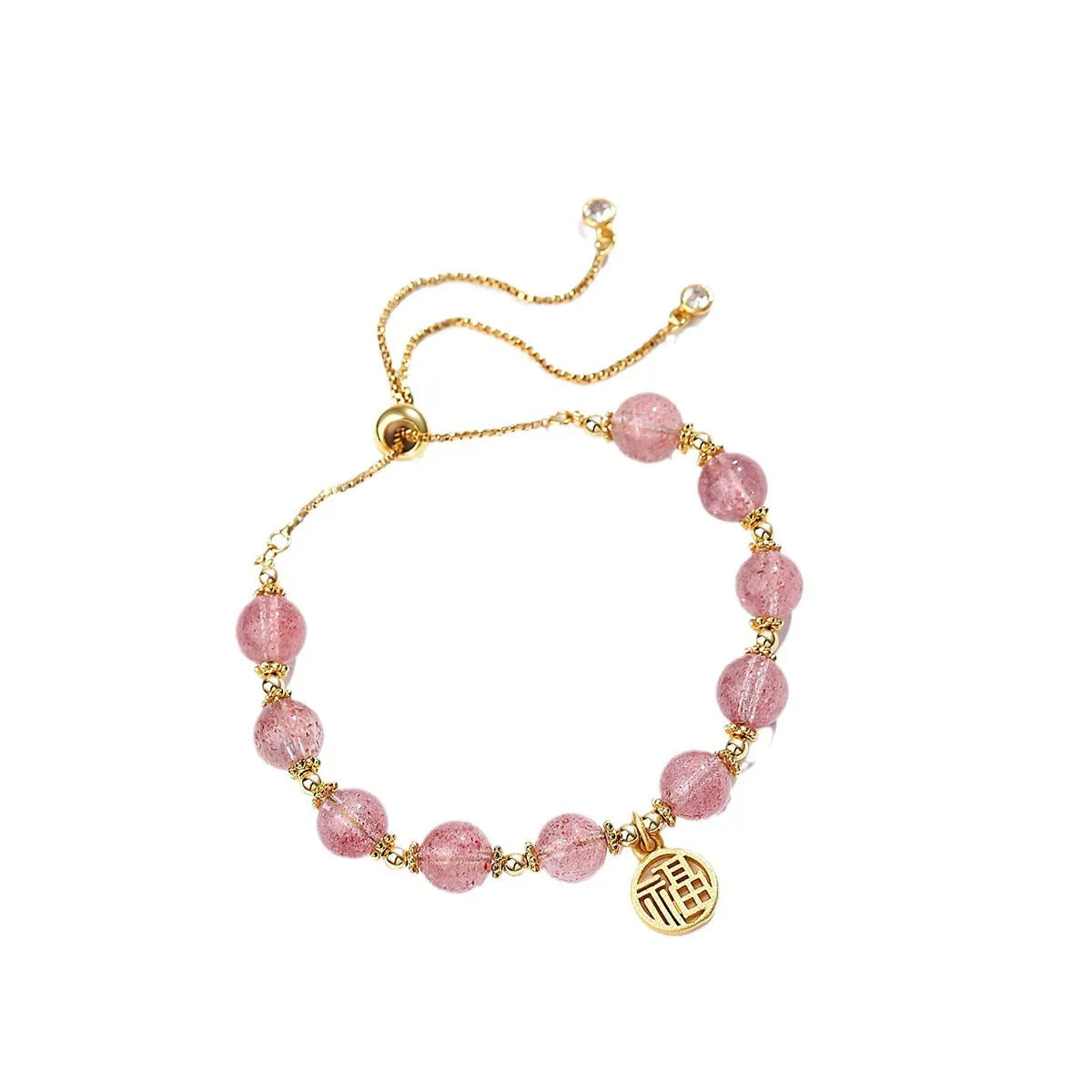 Strawberry quartz crystal bracelet with geometric shapes and fu character symbols