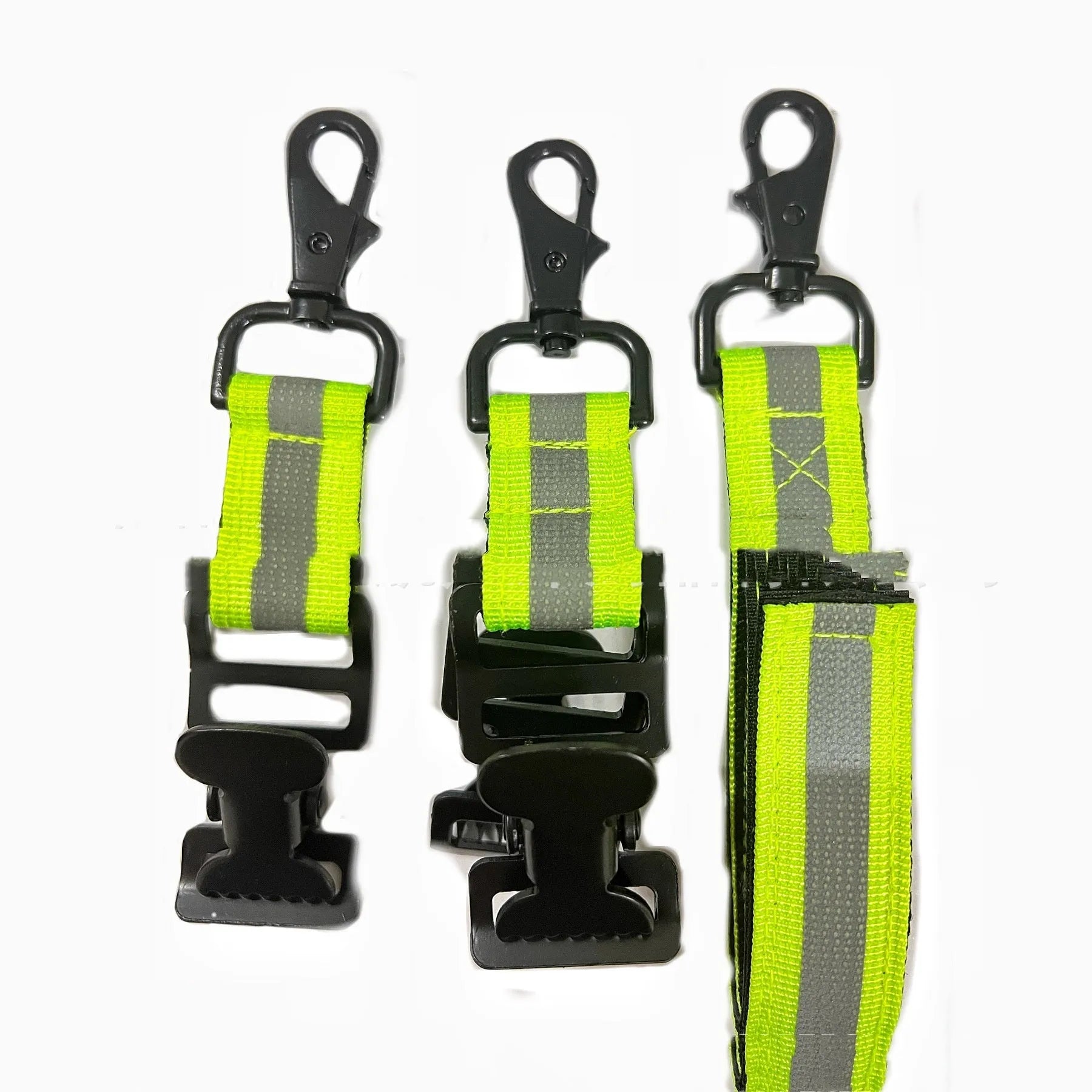 Fluorescent green safety clip with metal buckle and reflective strips for gloves.
