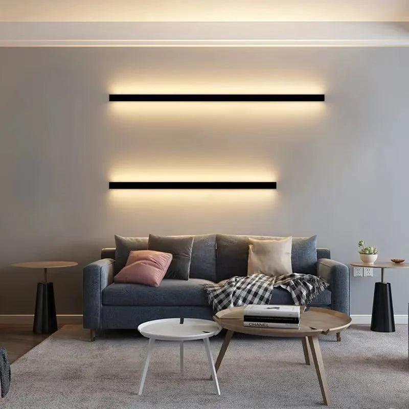 80cm long simple strip LED wall lamp in black with touch control for three light colours