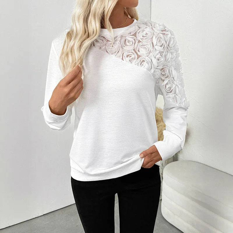 White floral pattern long sleeve women's pullover top with loose fit
