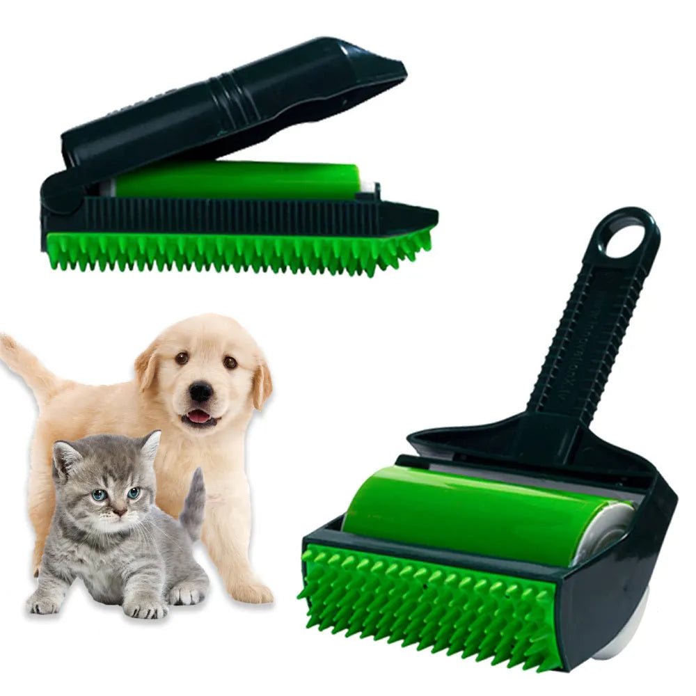 Yellow and green portable washable lint roller for removing pet hair from fabrics.