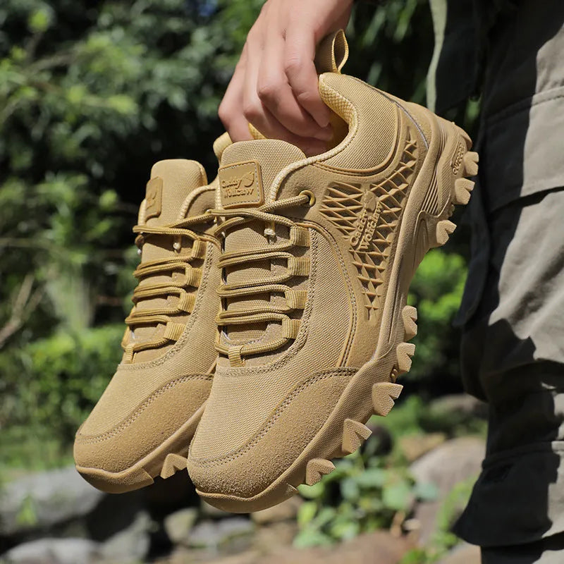 Men's khaki non-slip platform hiking shoes with PU mesh upper, low-top design, and front lace-up closure