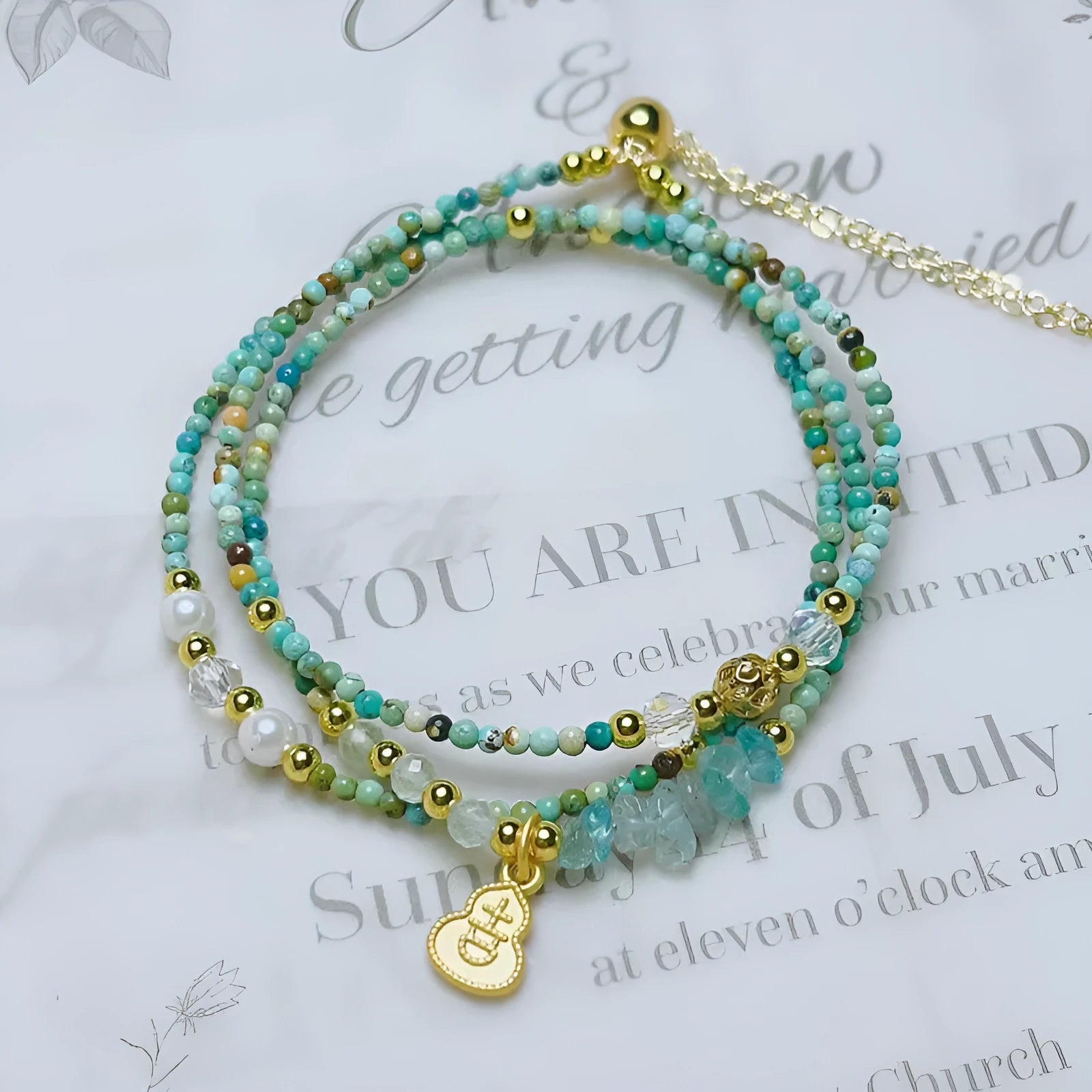 Xiaomi turquoise round beads adjustable bracelet with three-ring pull-out clasp in Korean style design
