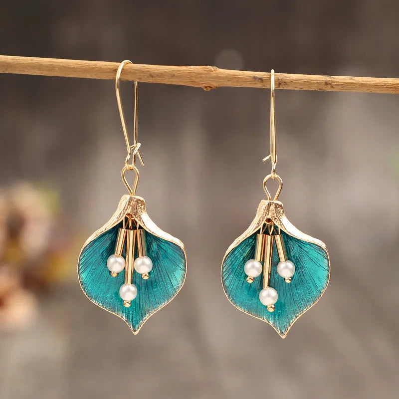 Retro flower earrings for women, alloy electroplated finish, blue and green colour options