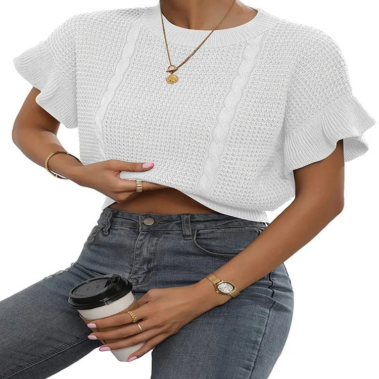Knitted pullover sweater with twisted string ruffled short sleeves in polyester fabric