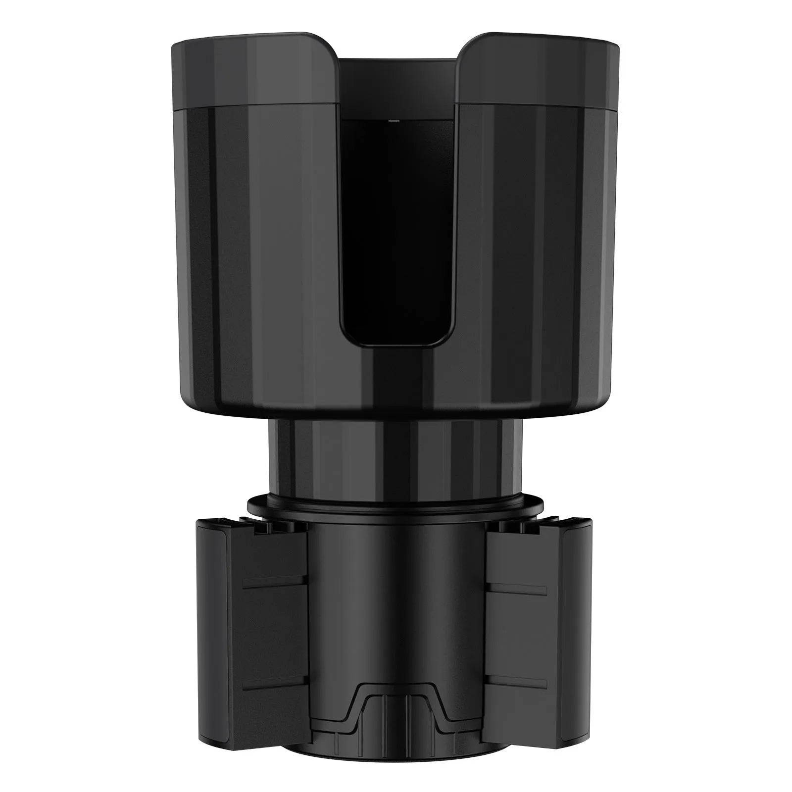 Matte black car cup holder expander with adjustable base for large drink bottles and travel cups.