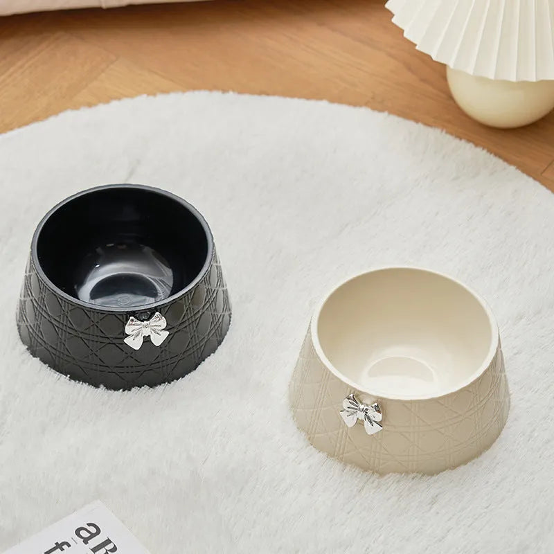 Decorative pet bowl with diamond pattern and bowknot decoration in multiple colour options