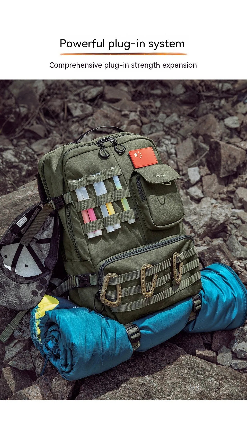17-inch tactical backpack in army green with 20-35 litre capacity and waterproof nylon construction