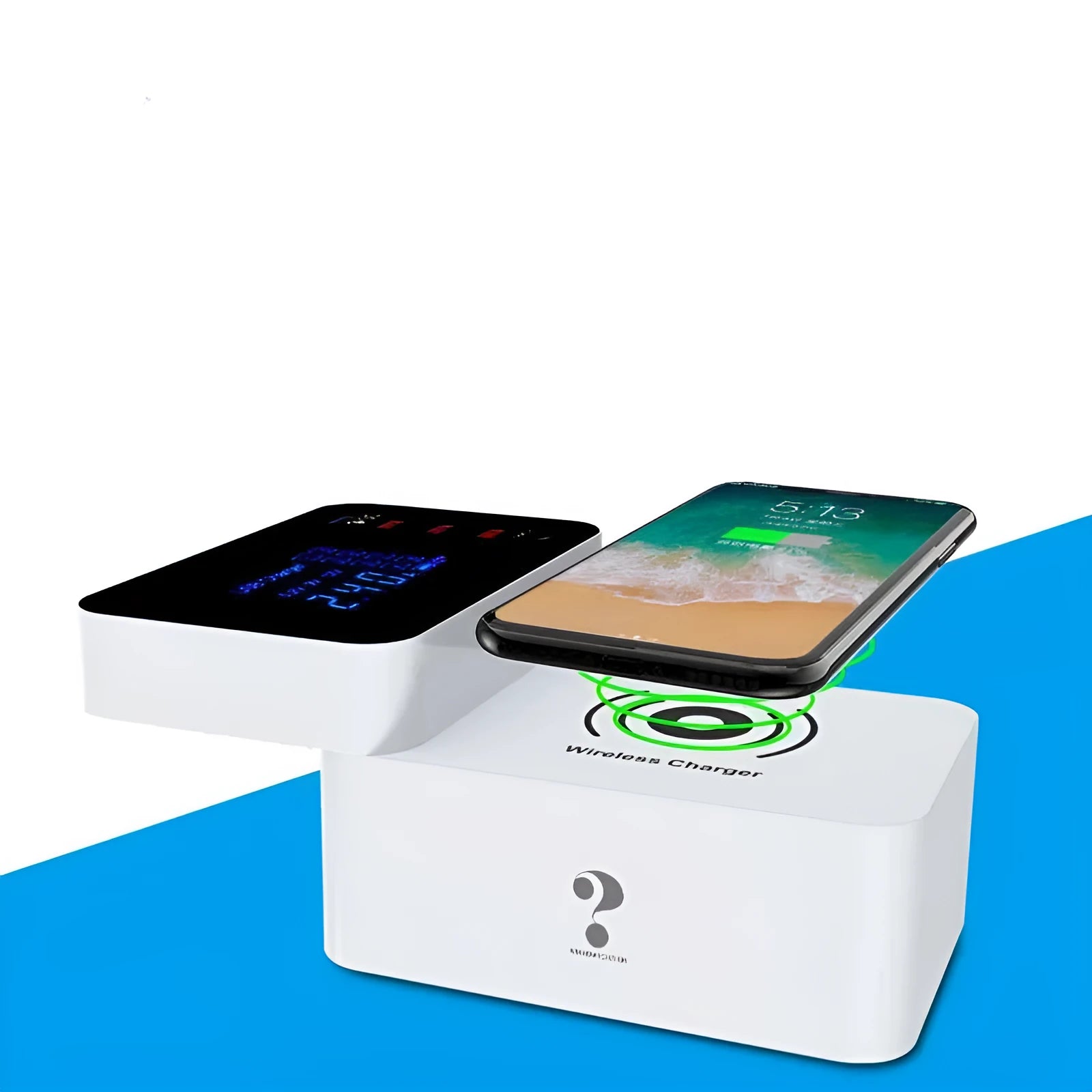 White multi-port USB fast charger with travel plug adapters and a long cable on a desk.