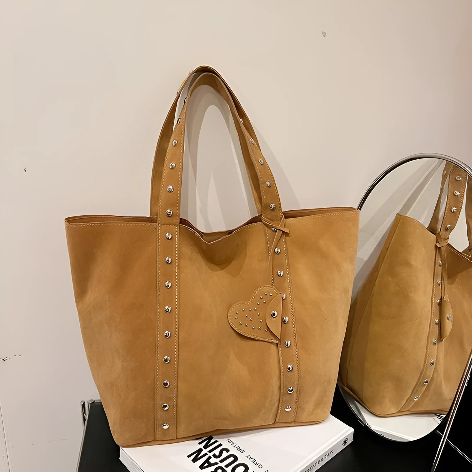 PU women's tote bag with double shoulder straps in horizontal square design