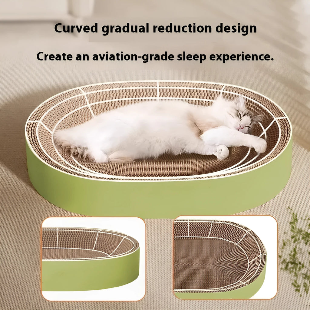 Green oval corrugated paper cat scratch board nest showing textured scratching surface and central bed area.