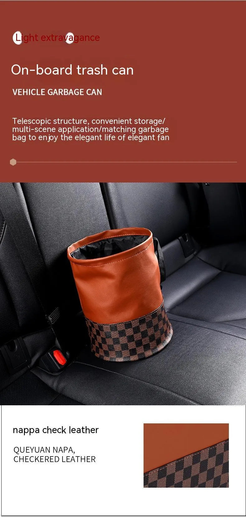 Retractable leather interior car trash can with handle, shown in colour as pictured.