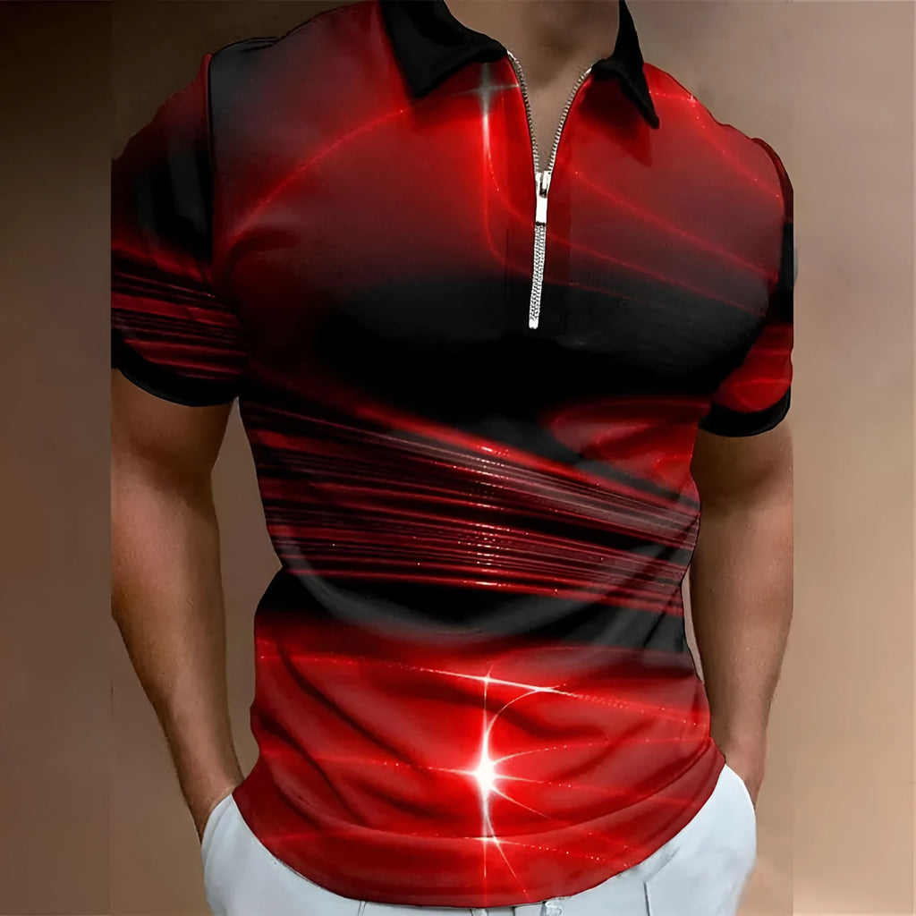 Men's blue printed zipper polo shirt with lapel collar and short sleeves