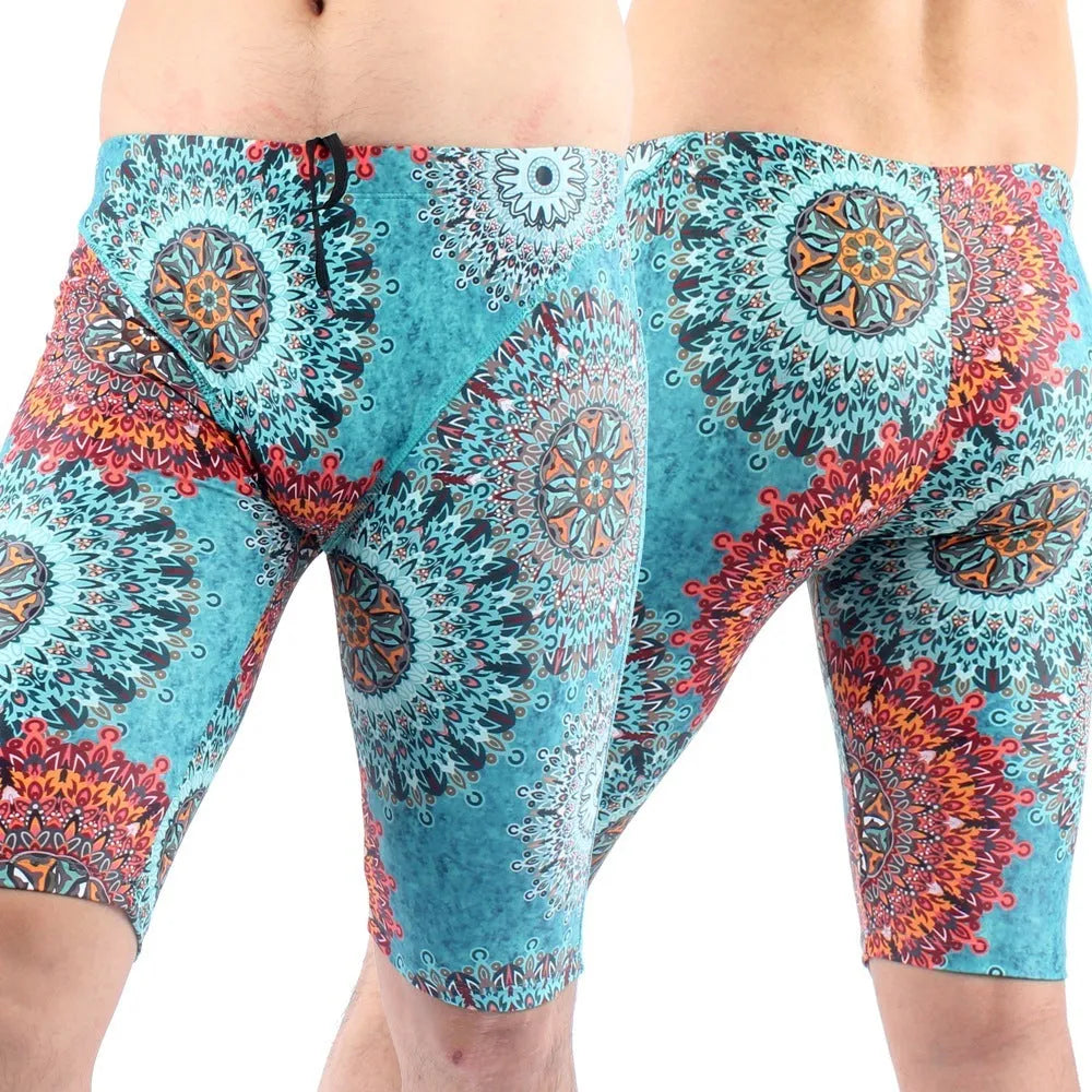 Men's loose five-point swimming trunks in green or navy blue, quick-drying nylon construction with polyester lining