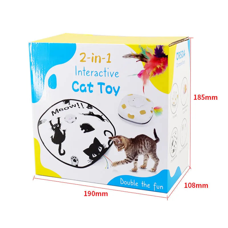 Automatic cat teaser toy with feather components in bright colours showing rolling action mechanism