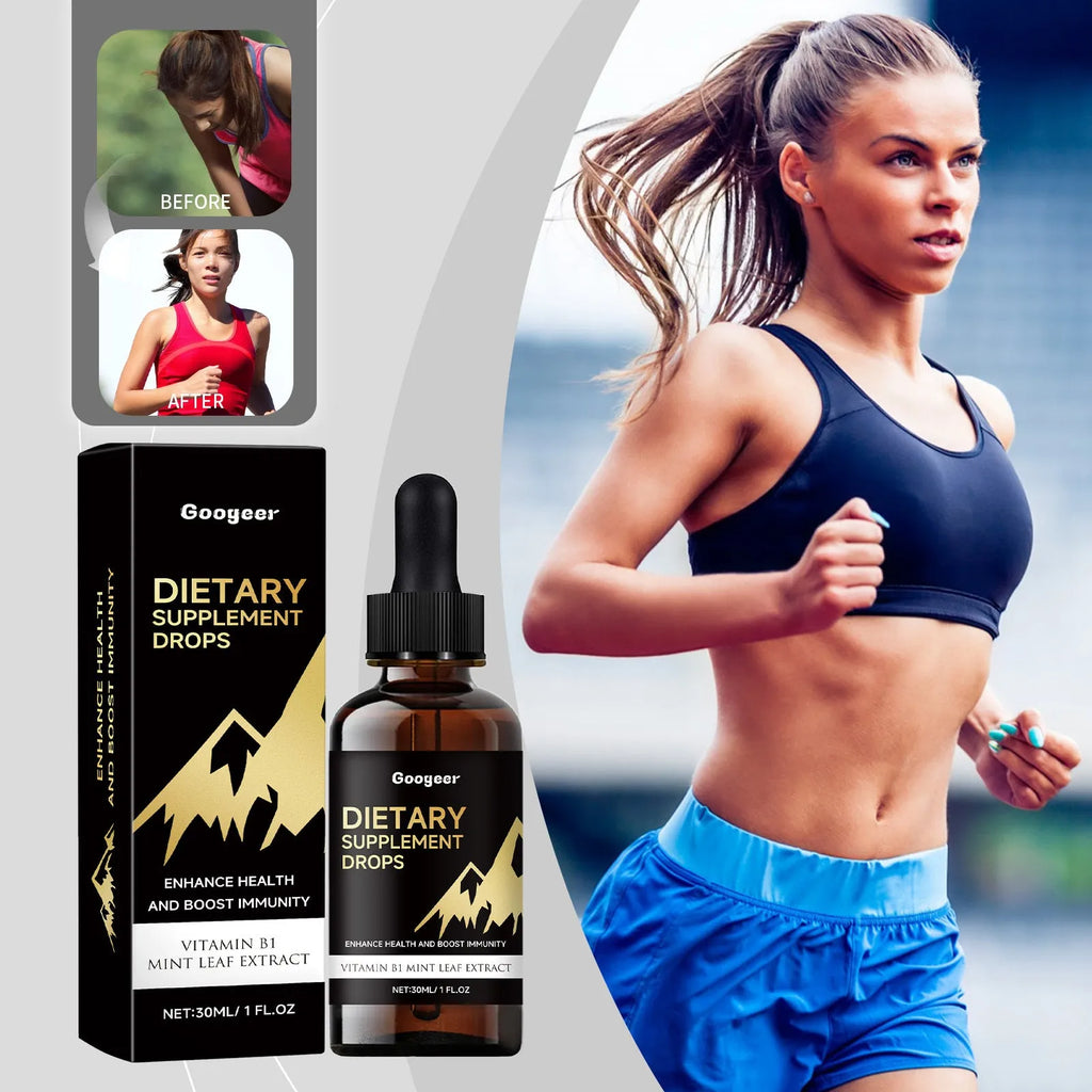 30 ml glass bottle of vitamin C and E dietary supplement drops with a dropper top.