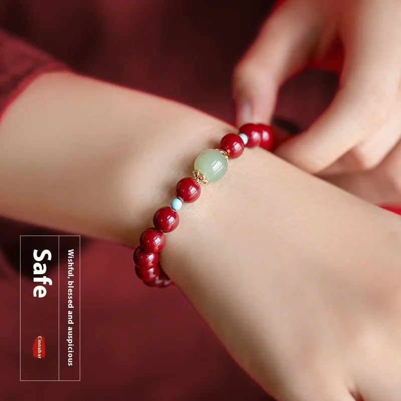 Cinnabar Hetian jade beads bracelet with geometric elliptical shape in purple gold sand colour