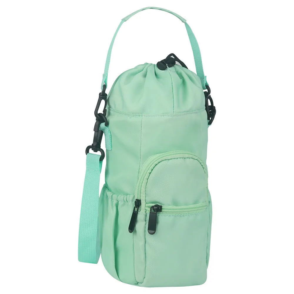 Canvas water bottle pouch with elastic drawstring closure showing black, green, and pink colour options