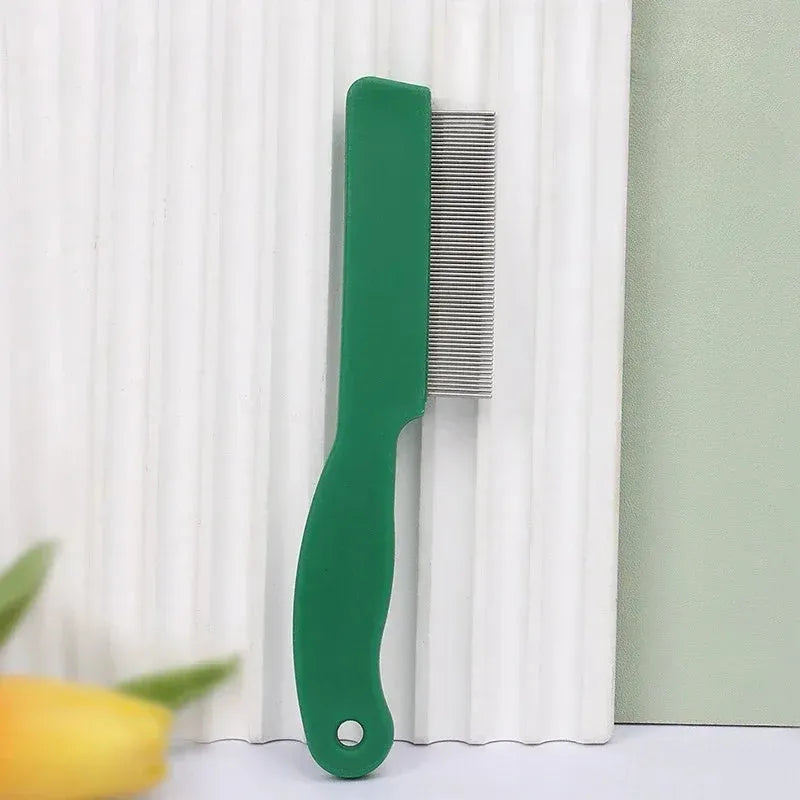 Green plastic-handled flea comb with stainless steel pins for dogs and cats.